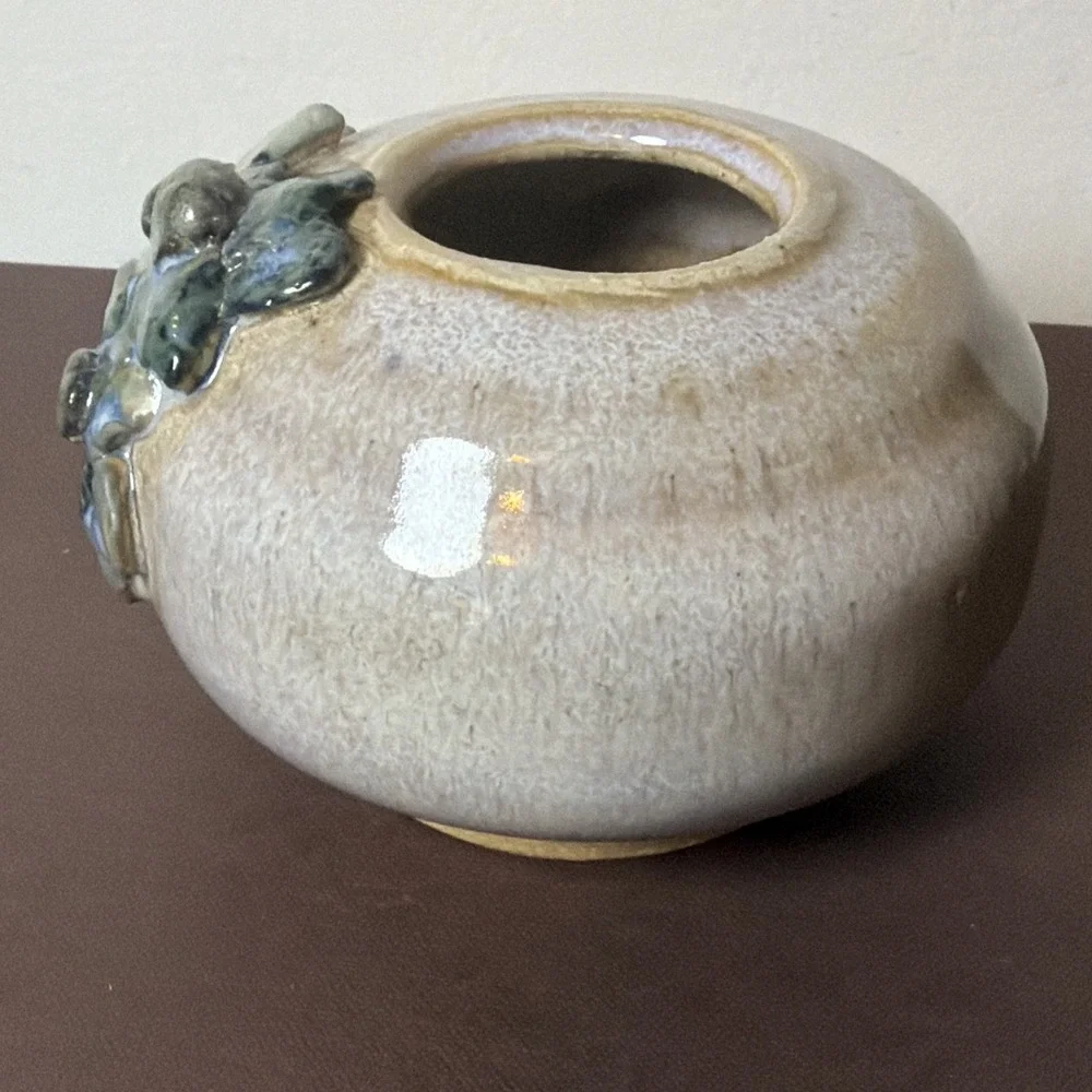 Handmade Studio Art Pottery Squat Vase Sculpted Applied Flowers Wabi Sabi Vessel